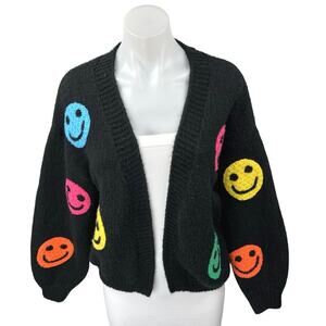 Women's Black Multicolor Retro Smiley Face Knit Open Cardigan Sweater Top S